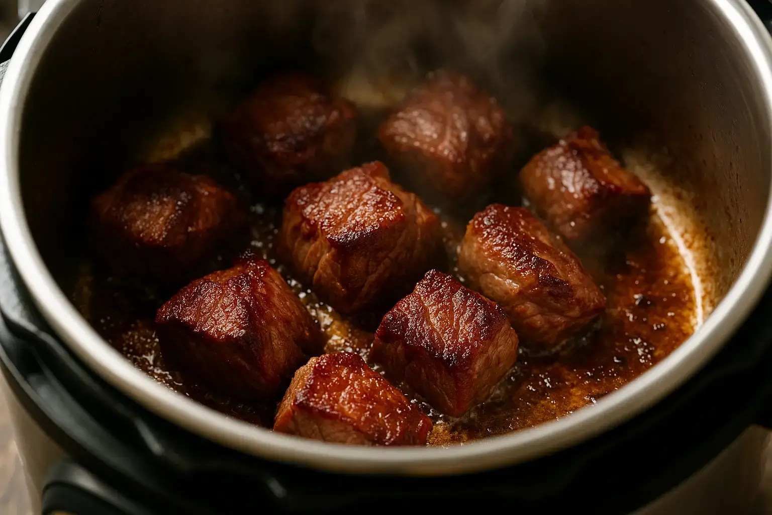 Close-up view of beef chunks searing inside an Instant Pot, with golden-brown crust, bubbling juices, and steam rising from the caramelized base.