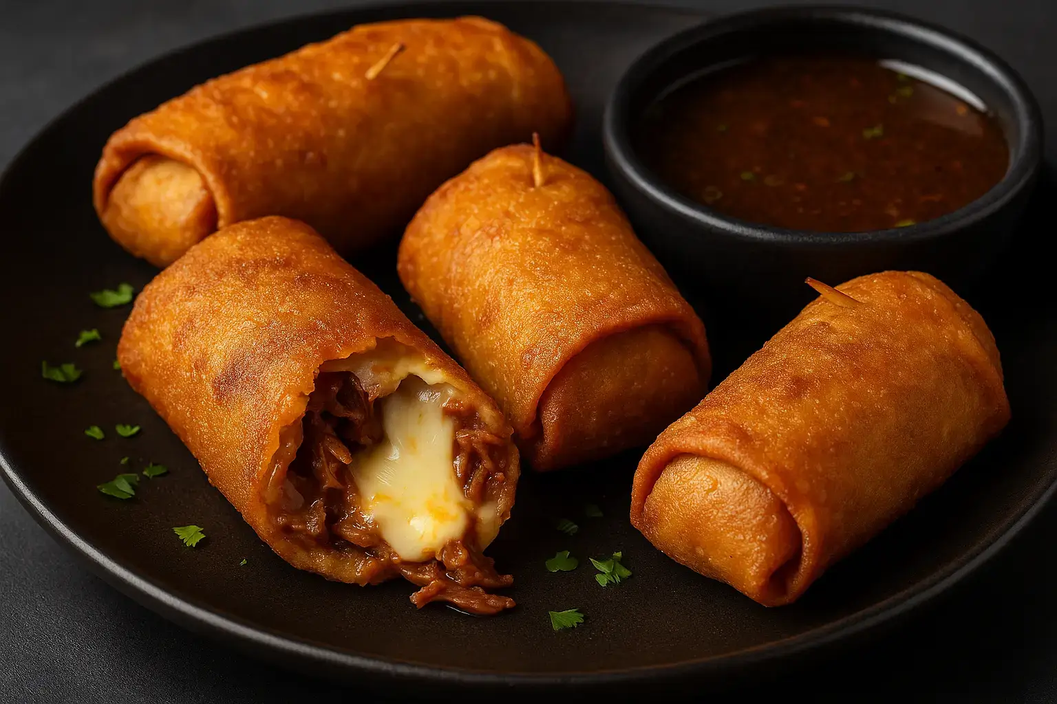 Close-up of crispy rolled birria bombs on a plate, one bitten open to show melted cheese and beef, with consommé dip on the side.