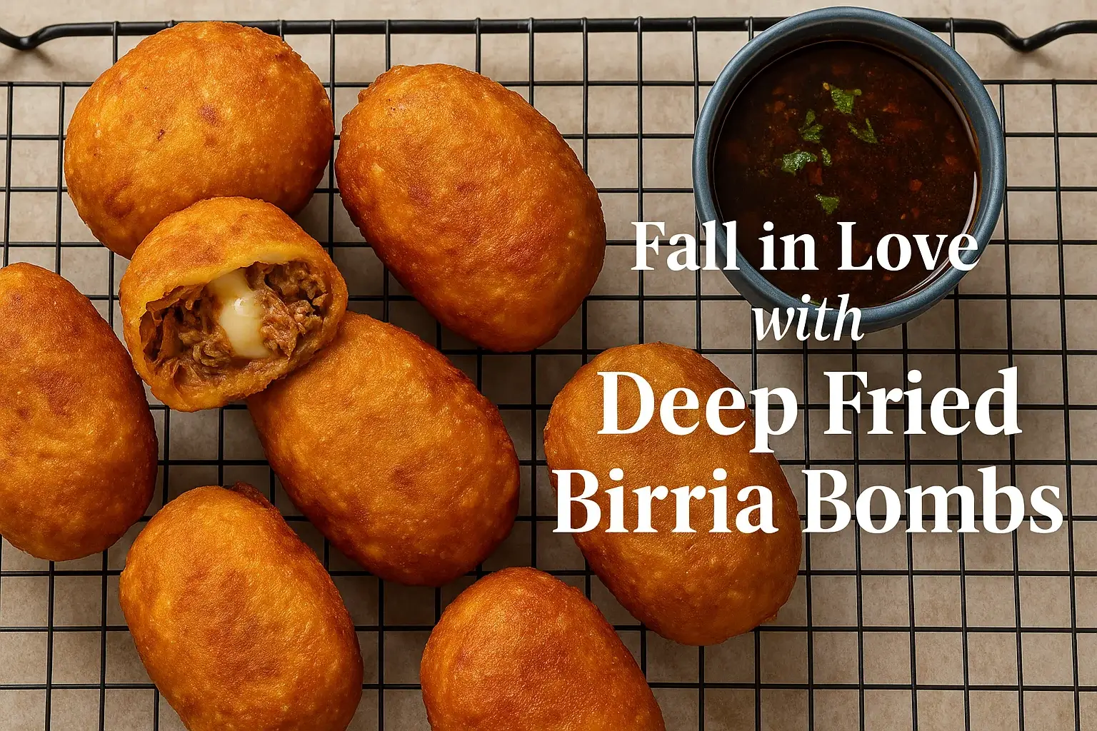 Crispy birria bombs resting on a wire rack with one bomb split open to reveal melted cheese and beef, next to a bowl of consommé and headline text overlay.