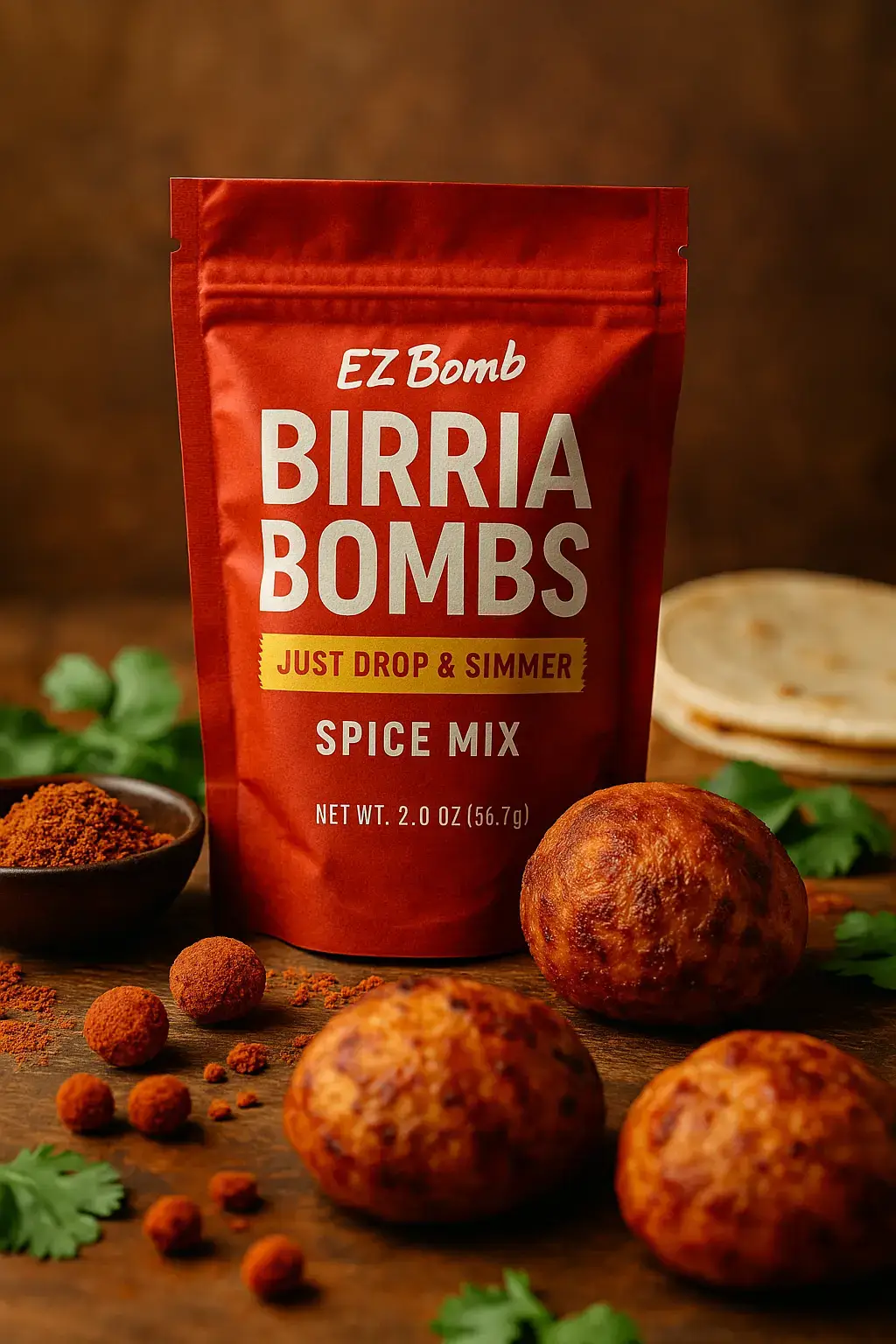 EZ Bomb Birria Bombs spice mix packet surrounded by cooked birria bombs, spices, and tortillas on a rustic wooden surface