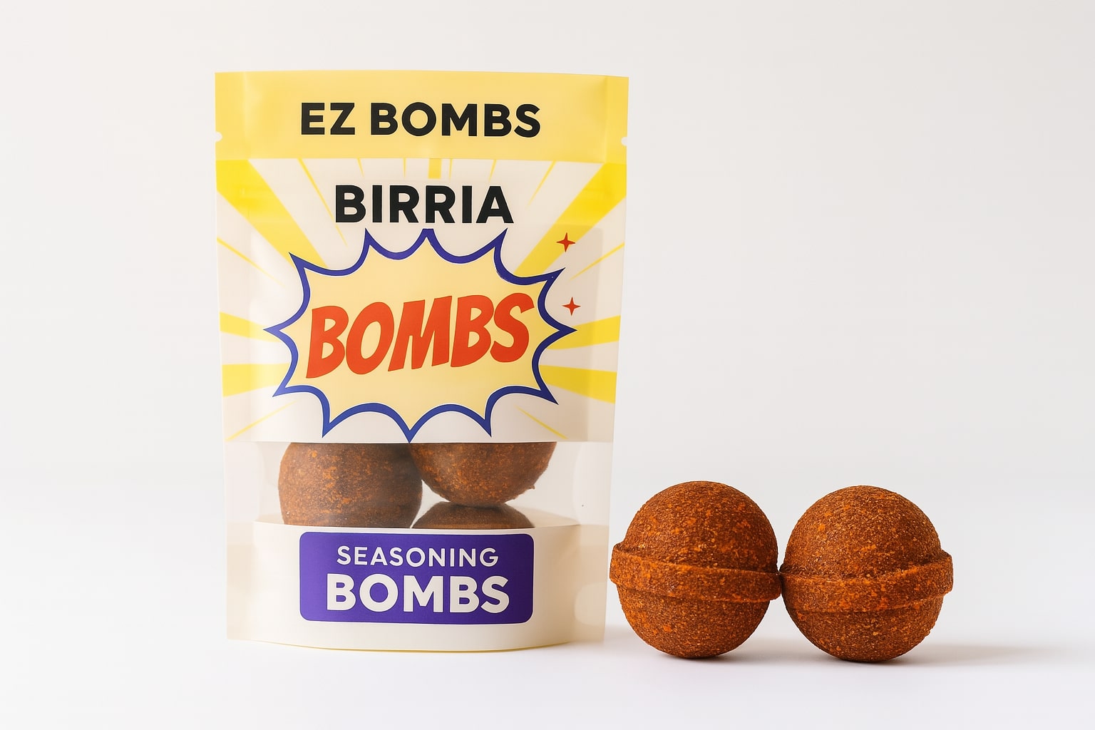 EZ Bombs Birria Seasoning Bombs packaging with two spice bombs placed in front, displayed on a clean white background in a commercial-style product photo