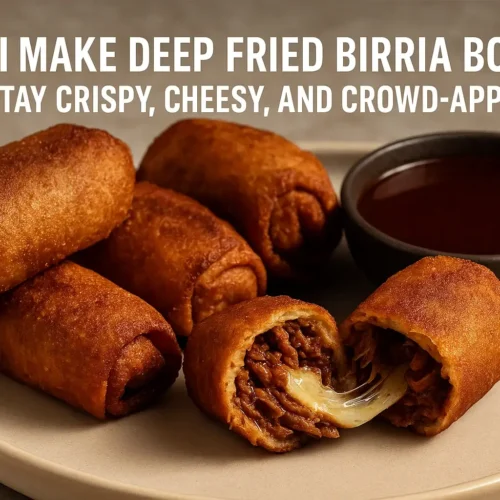 A professional featured image of crispy birria bombs on a beige plate, one cut open with a gooey cheese pull, next to a dark bowl of consommé and article title in bold text.