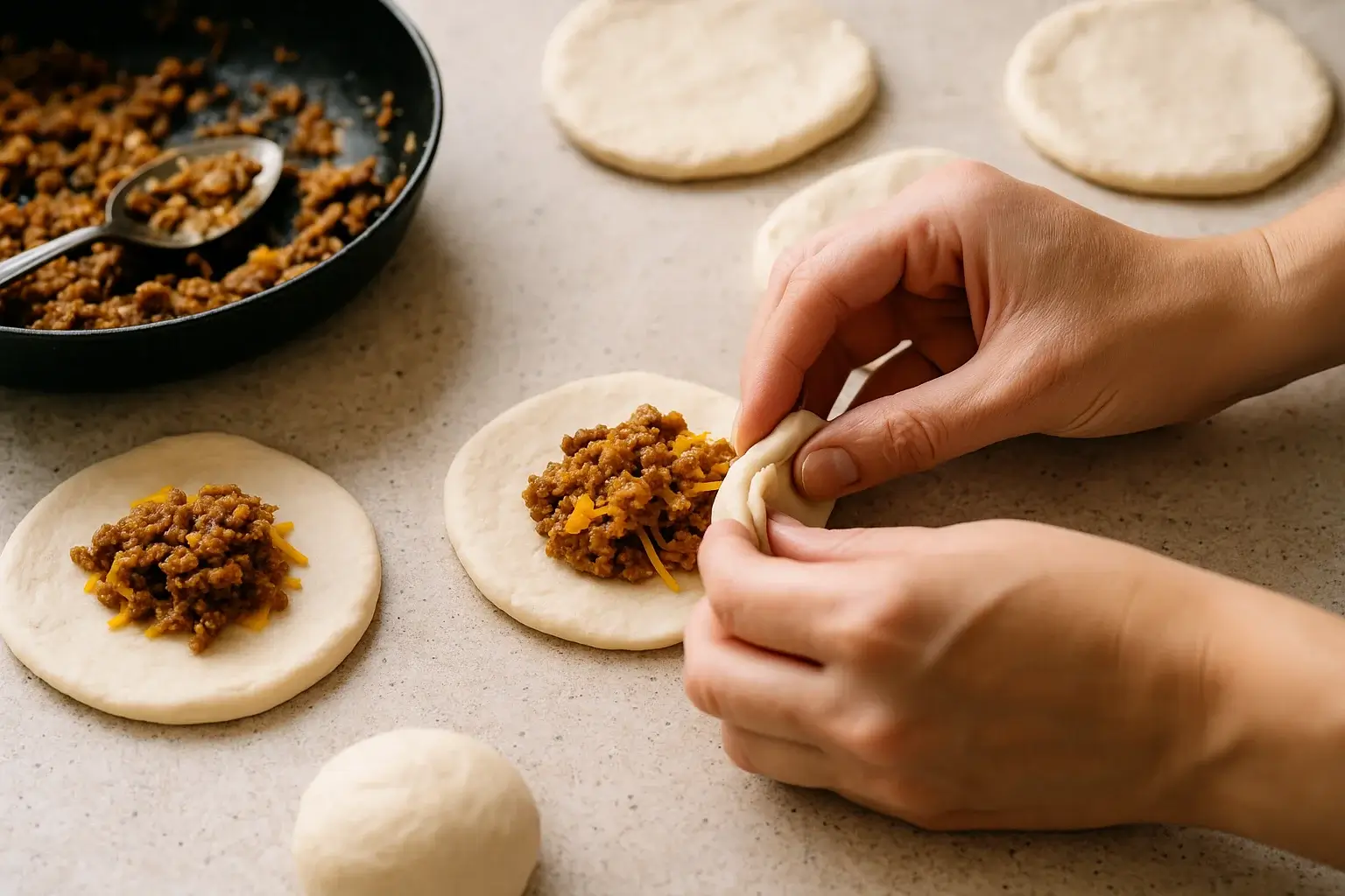 Hands folding biscuit dough over taco filling with cheese on a kitchen counter, surrounded by prepped dough rounds and a pan of seasoned meat