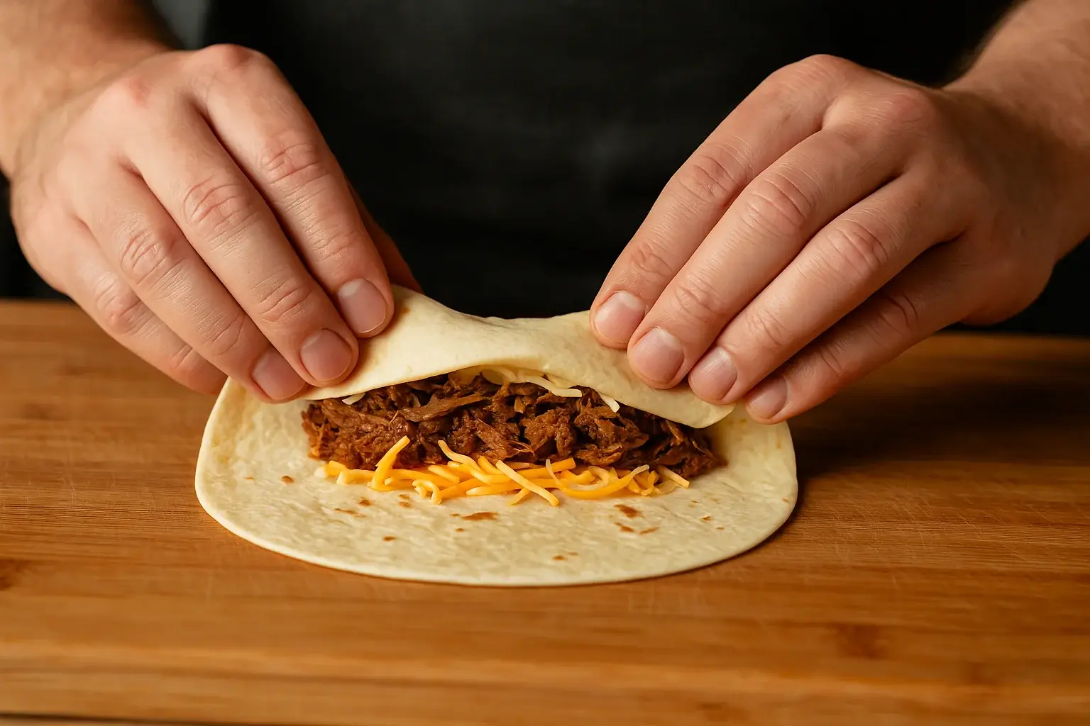 A person folds a flour tortilla filled with shredded birria and cheese on a wooden cutting board, preparing it for frying.