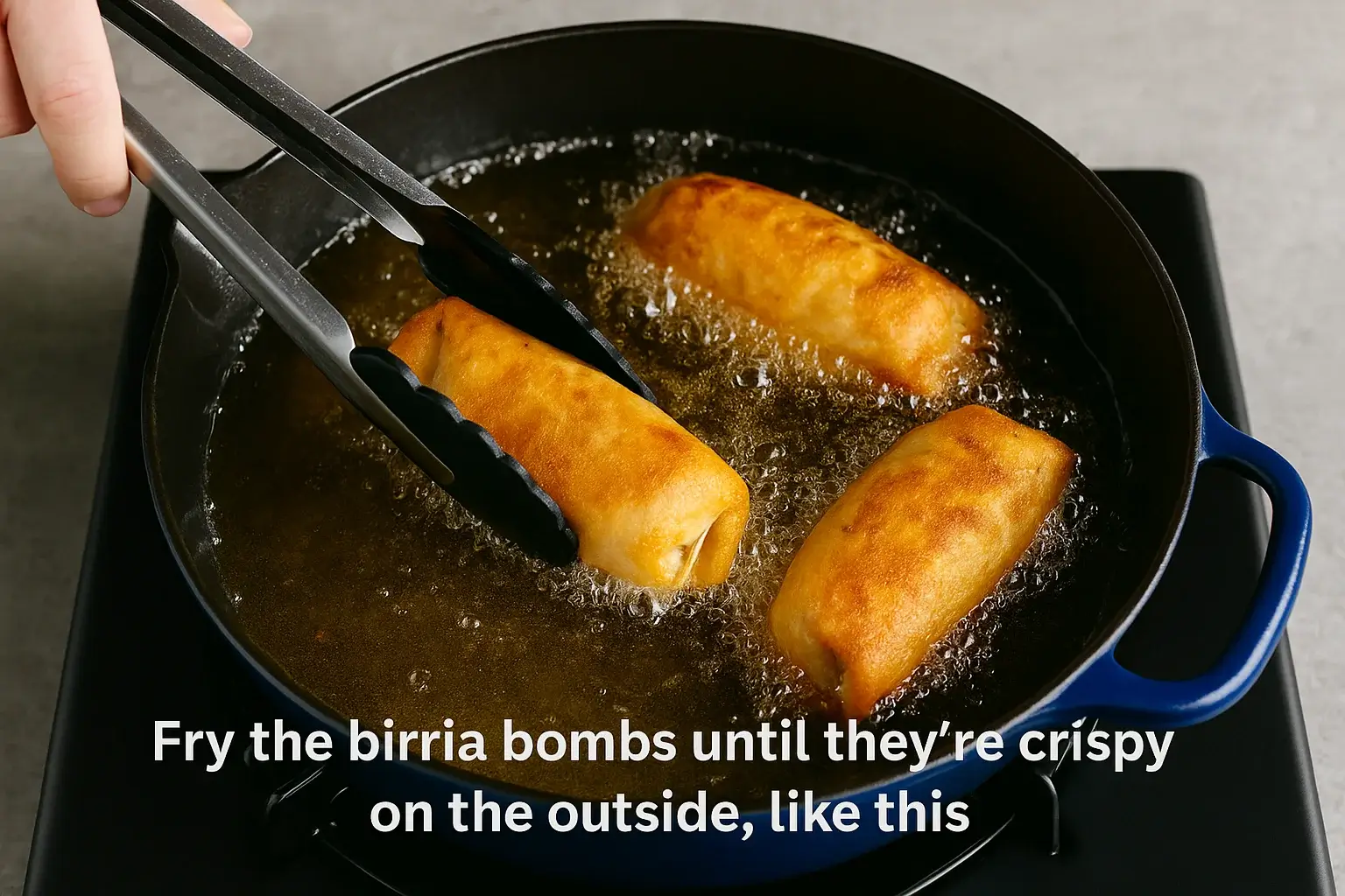 A hand uses tongs to fry golden birria bombs in hot oil inside a deep blue cast iron pan, bubbles rising as they crisp.