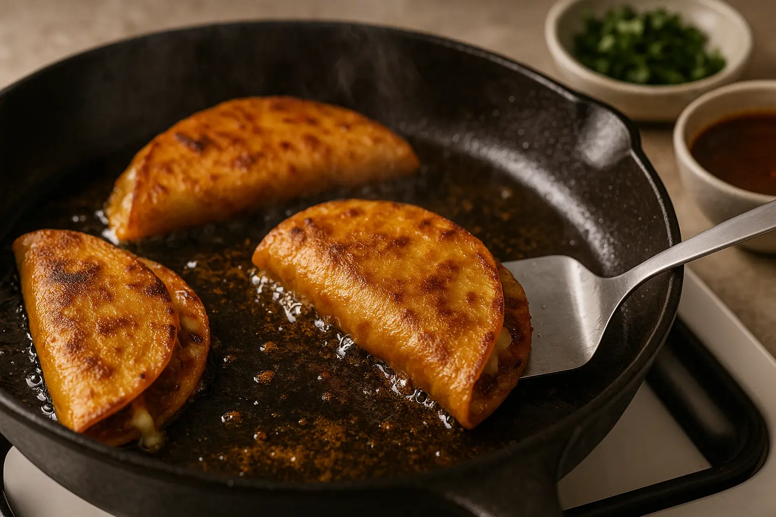 Three birria tacos frying in a cast iron skillet with bubbling oil, one being flipped with a spatula. Cheese oozes slightly from the edges, while consommé and chopped cilantro sit in bowls in the background.