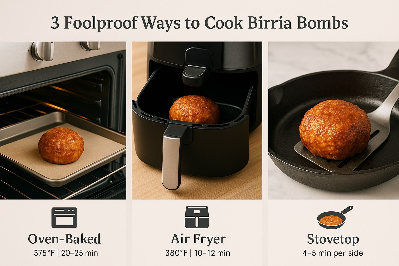 Infographic showing three cooking methods for birria bombs: oven-baked on a tray, air-fried in a black air fryer, and pan-fried on a stovetop skillet, each with cooking times and temperatures