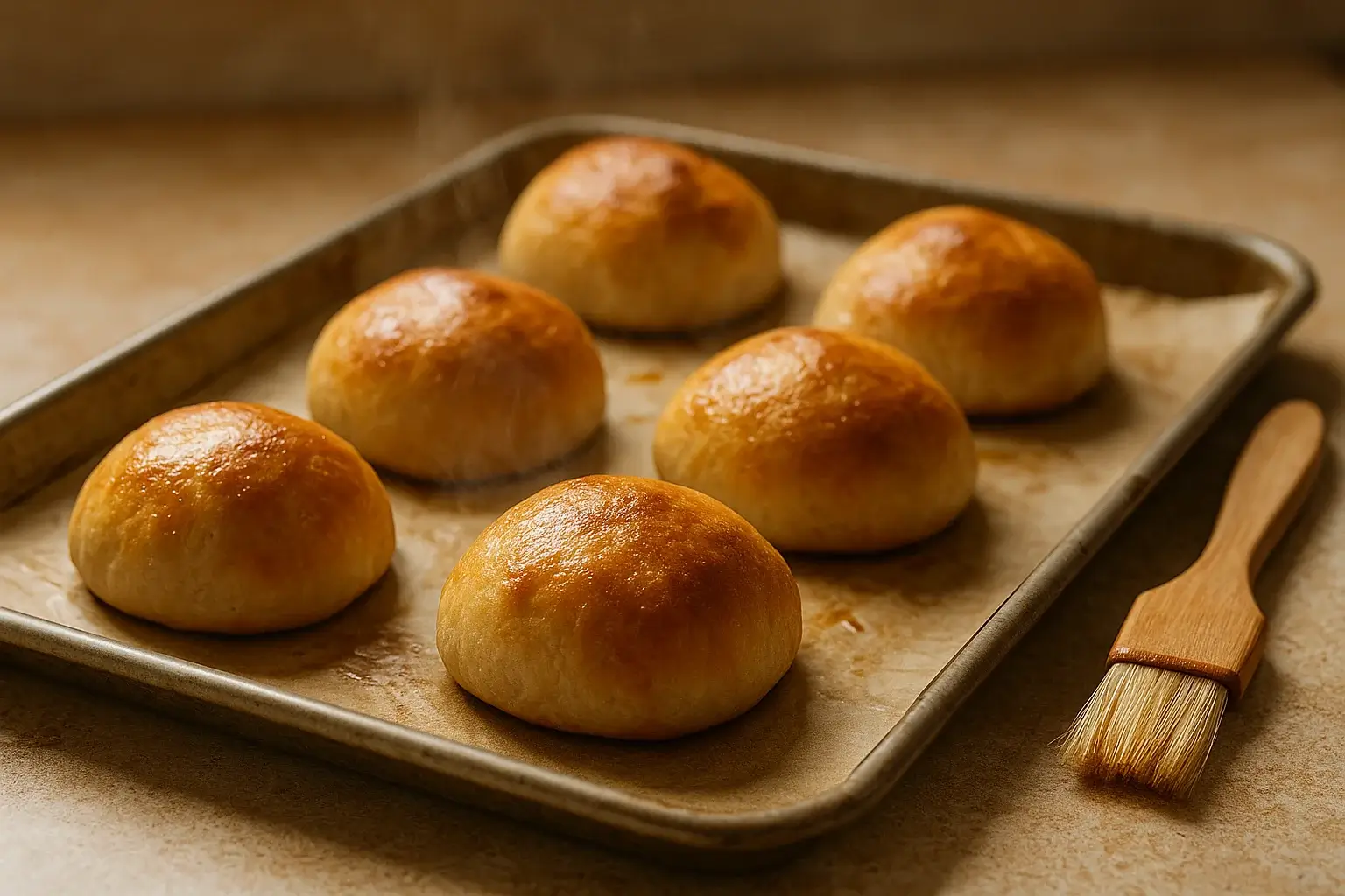 Freshly baked golden taco bombs on a parchment-lined baking tray with a pastry brush nearby and warm steam rising from the buns