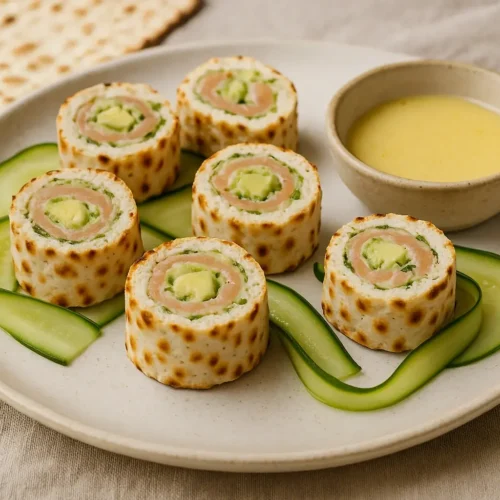 Passover matzah sushi rolls filled with avocado and smoked salmon, served with dipping sauce and cucumber ribbons