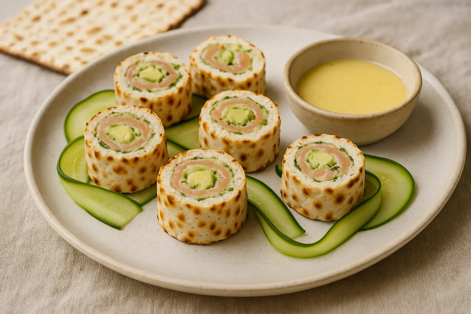 Passover matzah sushi rolls filled with avocado and smoked salmon, served with dipping sauce and cucumber ribbons
