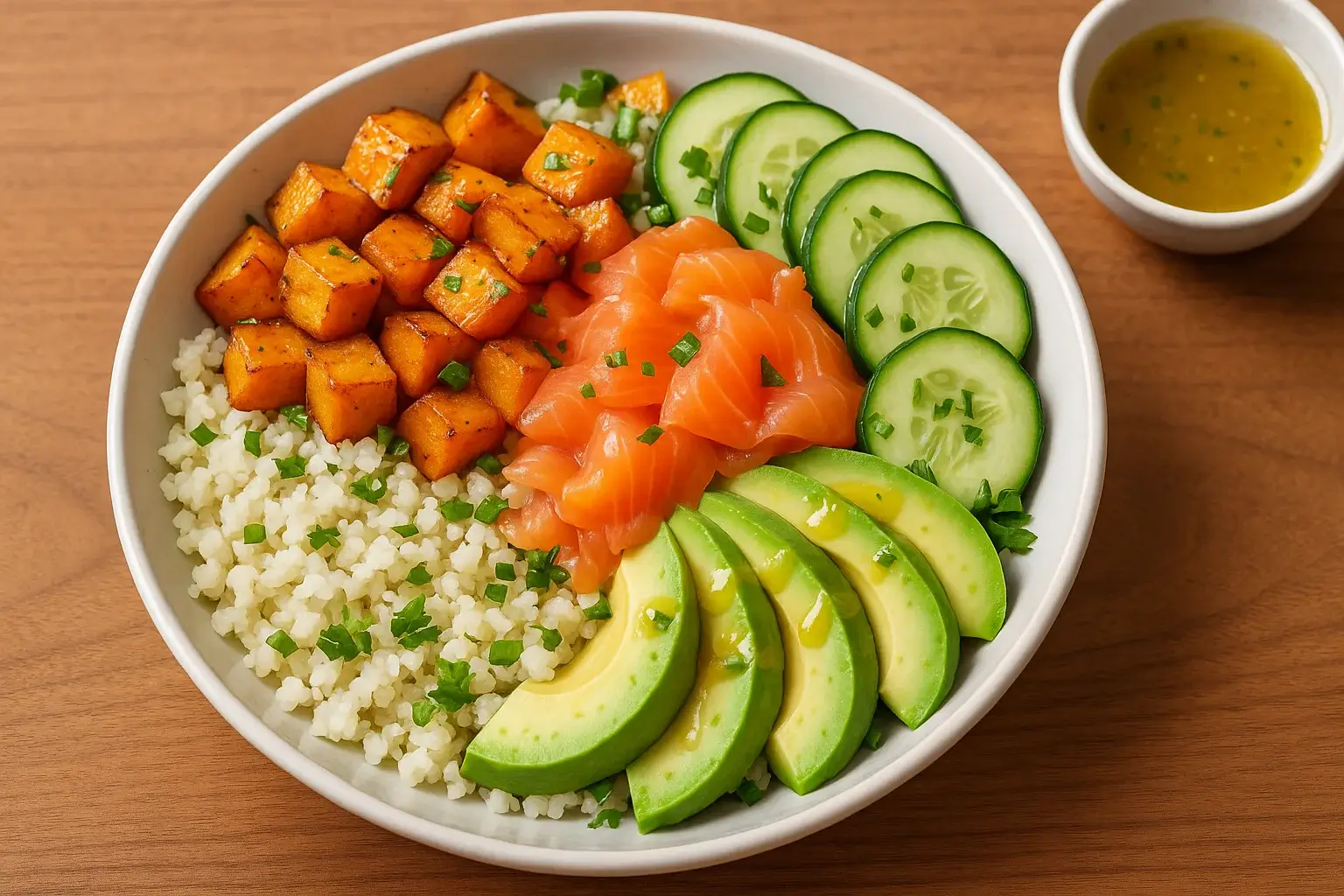 Kosher for Passover sushi salad with cauliflower rice, avocado, roasted sweet potatoes, and smoked salmon