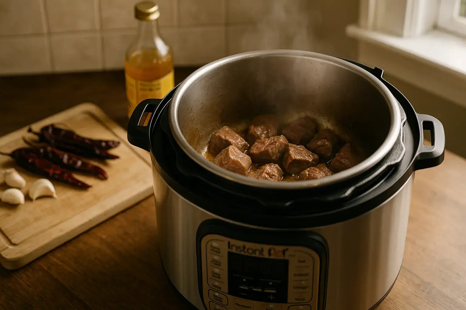 Chunks of beef searing inside an open Instant Pot, with steam rising and brown fond at the bottom. Dried chilies and garlic cloves rest on a wooden cutting board beside it, with a bottle of apple cider vinegar in the background.