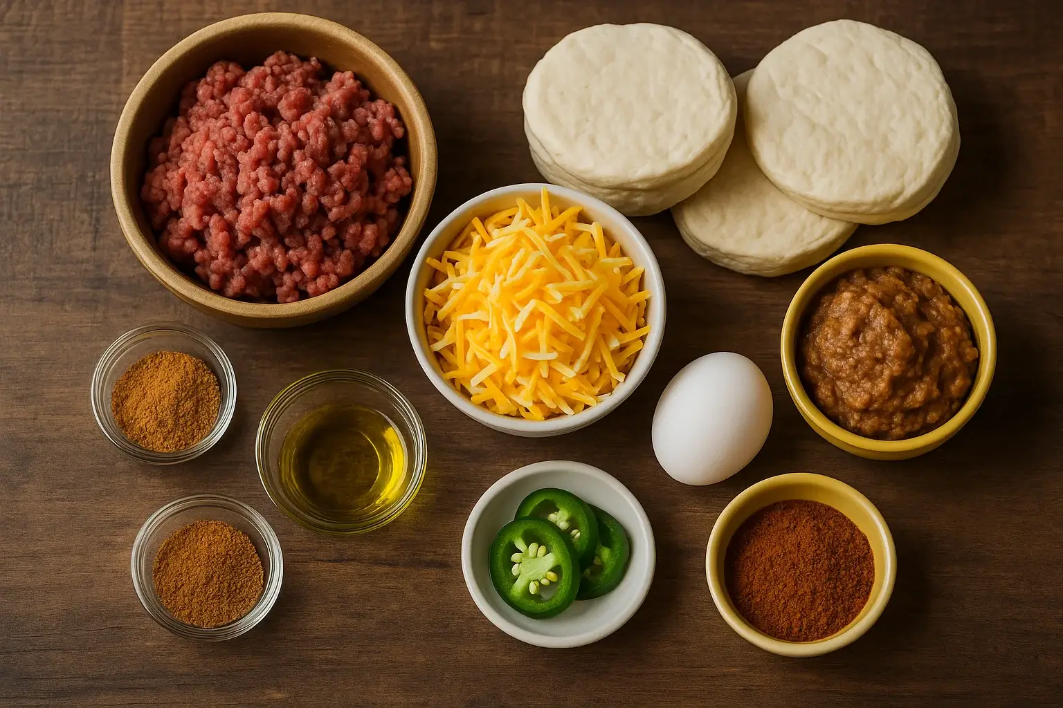 Flat lay of taco bomb ingredients including ground beef, shredded cheese, biscuit dough, refried beans, spices, jalapeños, egg, and olive oil on a wooden kitchen surface