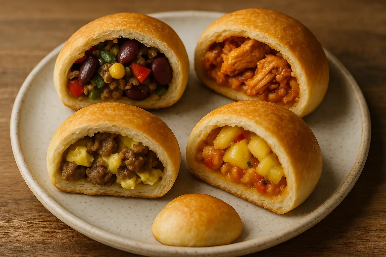 Four types of taco bombs sliced open on a ceramic plate showing veggie, buffalo chicken, breakfast, and pineapple salsa fillings