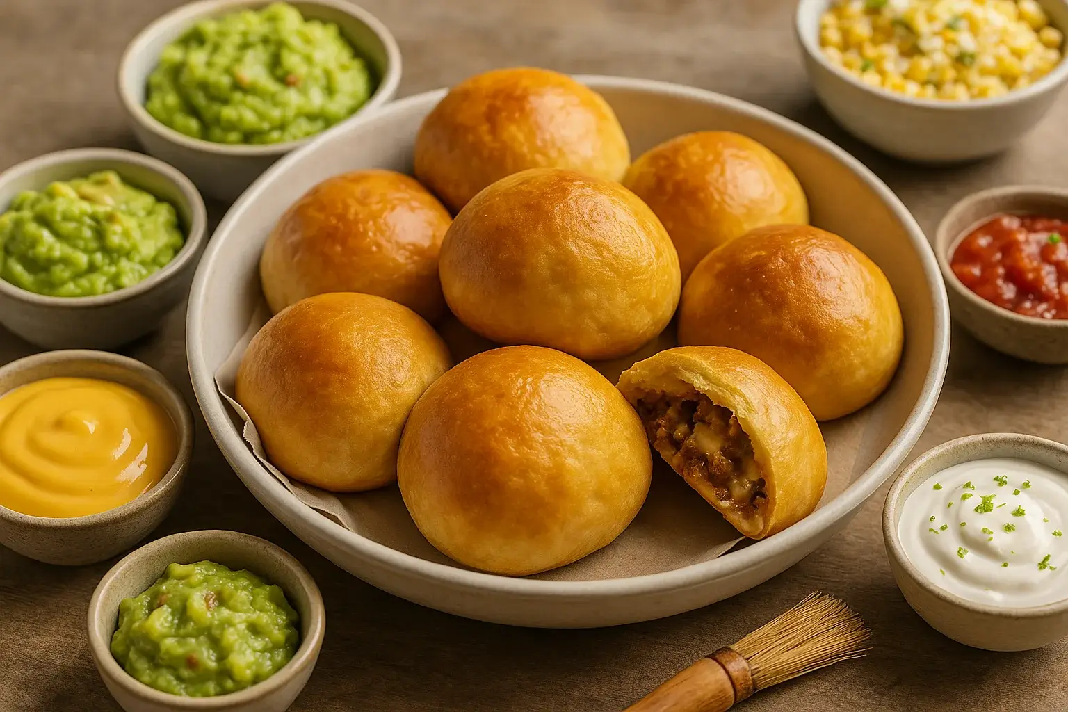 A platter of golden taco bombs surrounded by bowls of guacamole, cheese sauce, sour cream, salsa, and Mexican street corn on a rustic table