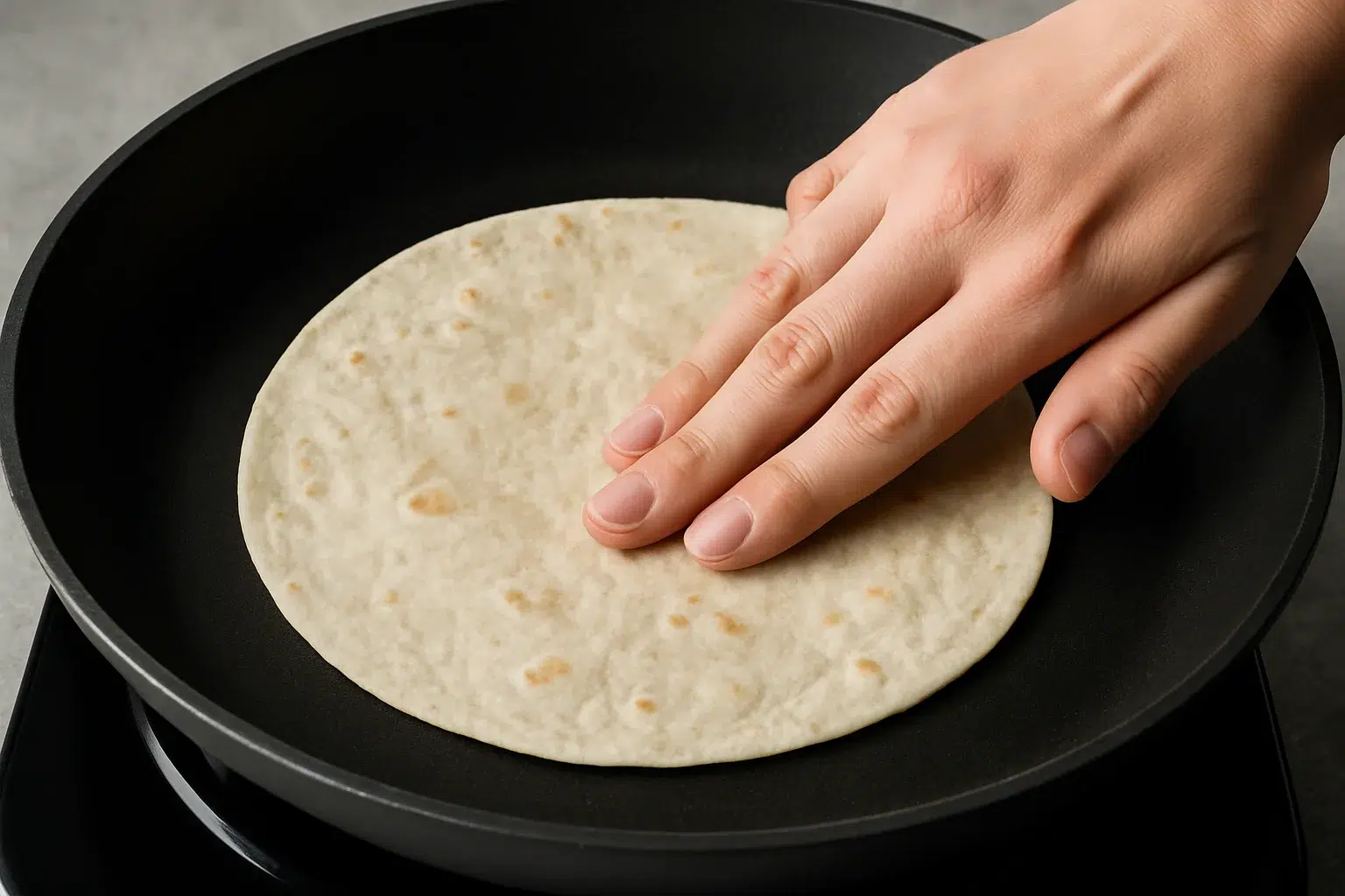A realistic hand gently pressing a flour tortilla in a black non-stick skillet over a modern gray countertop.