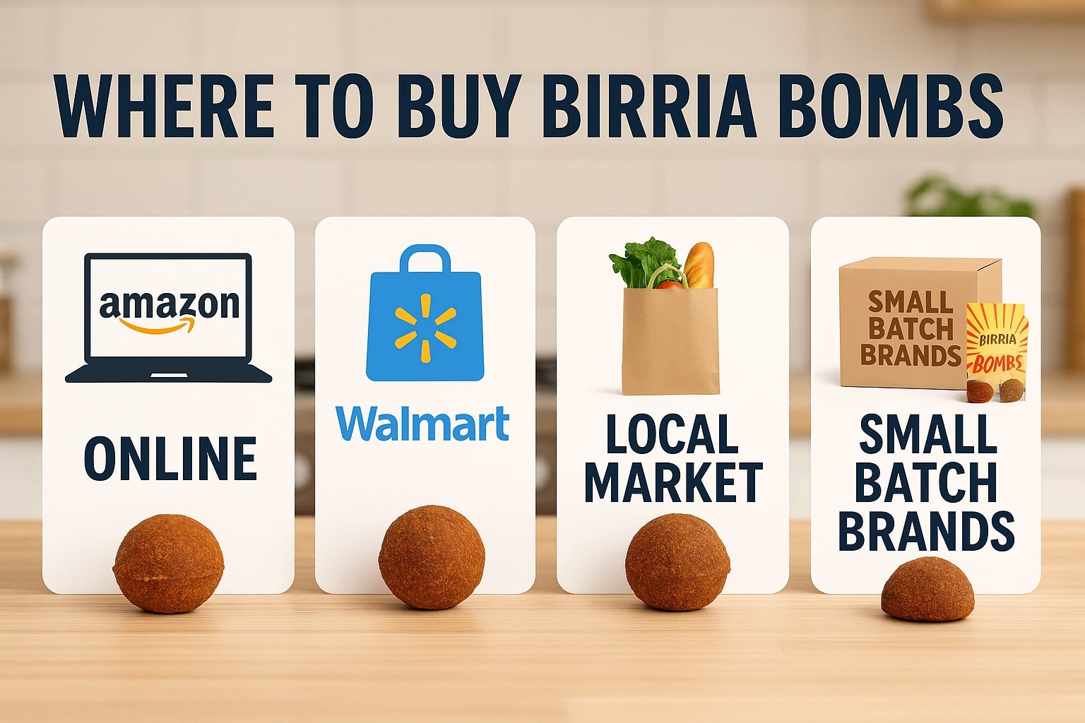 Visual guide showing where to buy birria bombs with four labeled cards for Amazon, Walmart, local markets, and small batch brands, placed on a kitchen counter with birria bombs in front