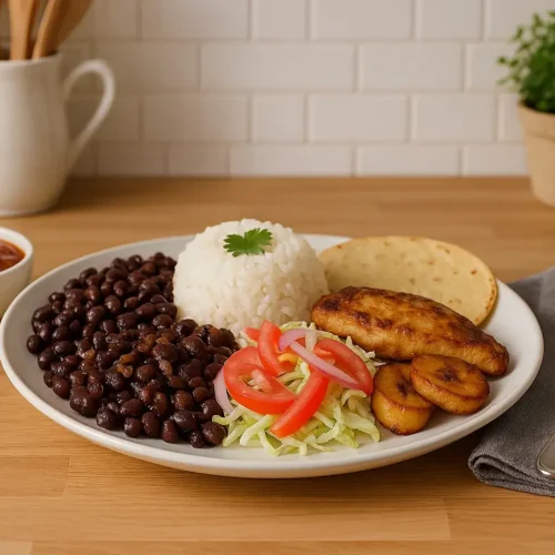 Traditional Costa Rican Casado (Traditional Mixed Plate) served on a white plate with rice, black beans, grilled chicken, plantains, salad, and tortilla on a decorative white kitchen counter.