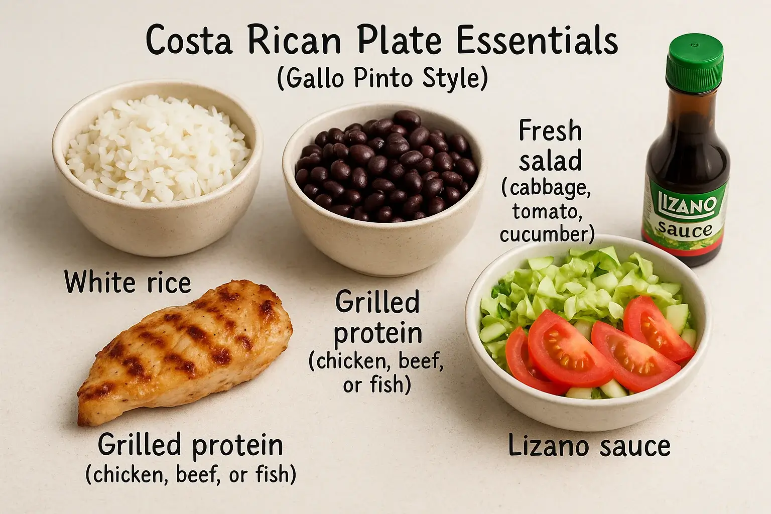 Top-down view of Costa Rican Plate Essentials (Gallo Pinto Style) showing white rice, black beans, grilled chicken breast, fresh salad with cabbage, tomato, cucumber, and a bottle of Lizano sauce, each ingredient clearly labeled.
