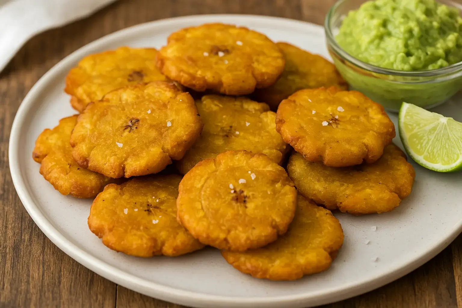 Crispy golden patacones served on a white plate with a wedge of lime and a bowl of fresh guacamole.