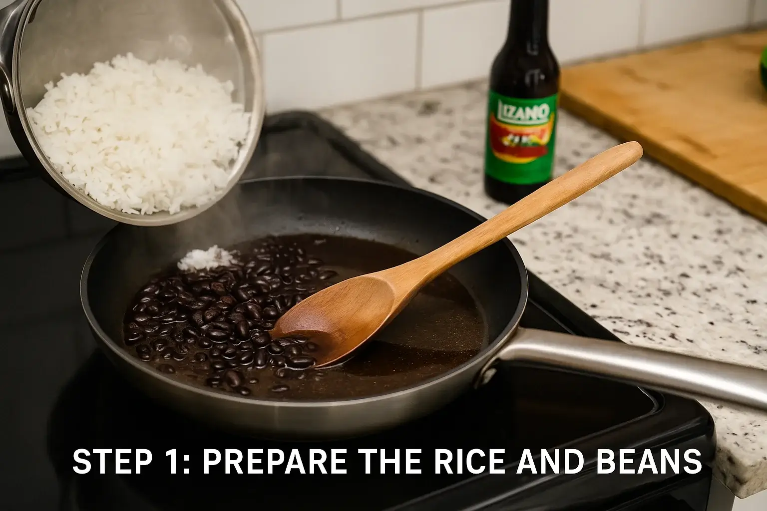 Cooking scene showing black beans simmering in a pan with a wooden spoon, white rice being added from a saucepan, and a bottle of Lizano sauce in the background on a kitchen counter.