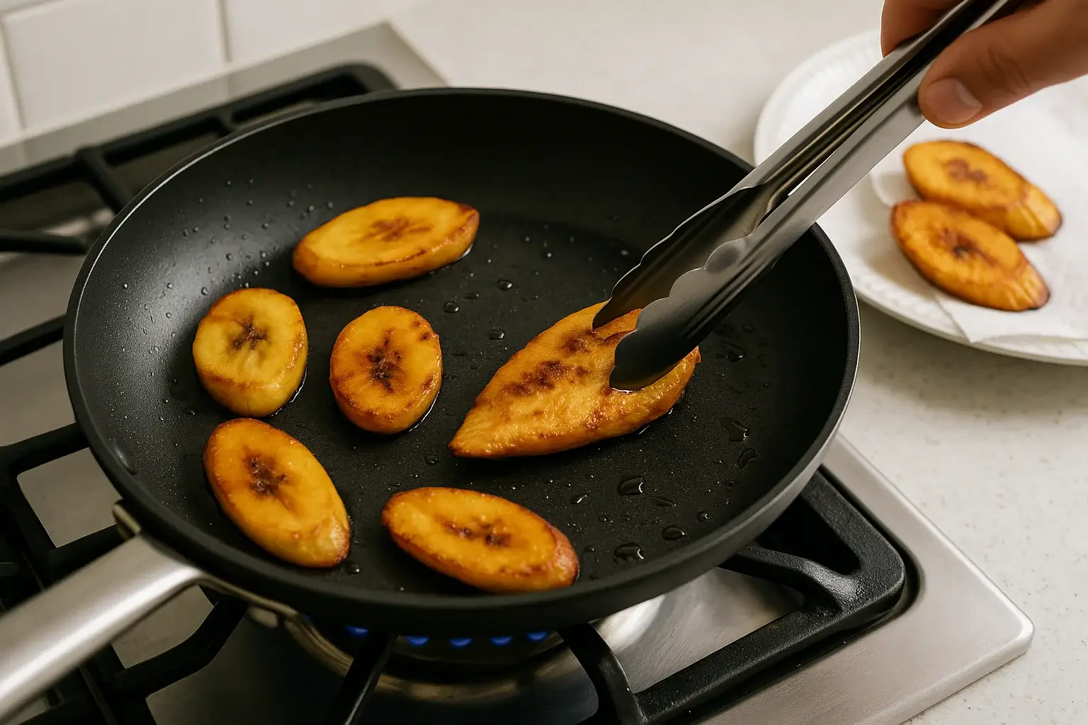 Golden-brown ripe plantain slices frying in a black non-stick pan over a gas stove, with stainless steel tongs flipping one slice and a plate with cooked plantains on a paper towel in the background.