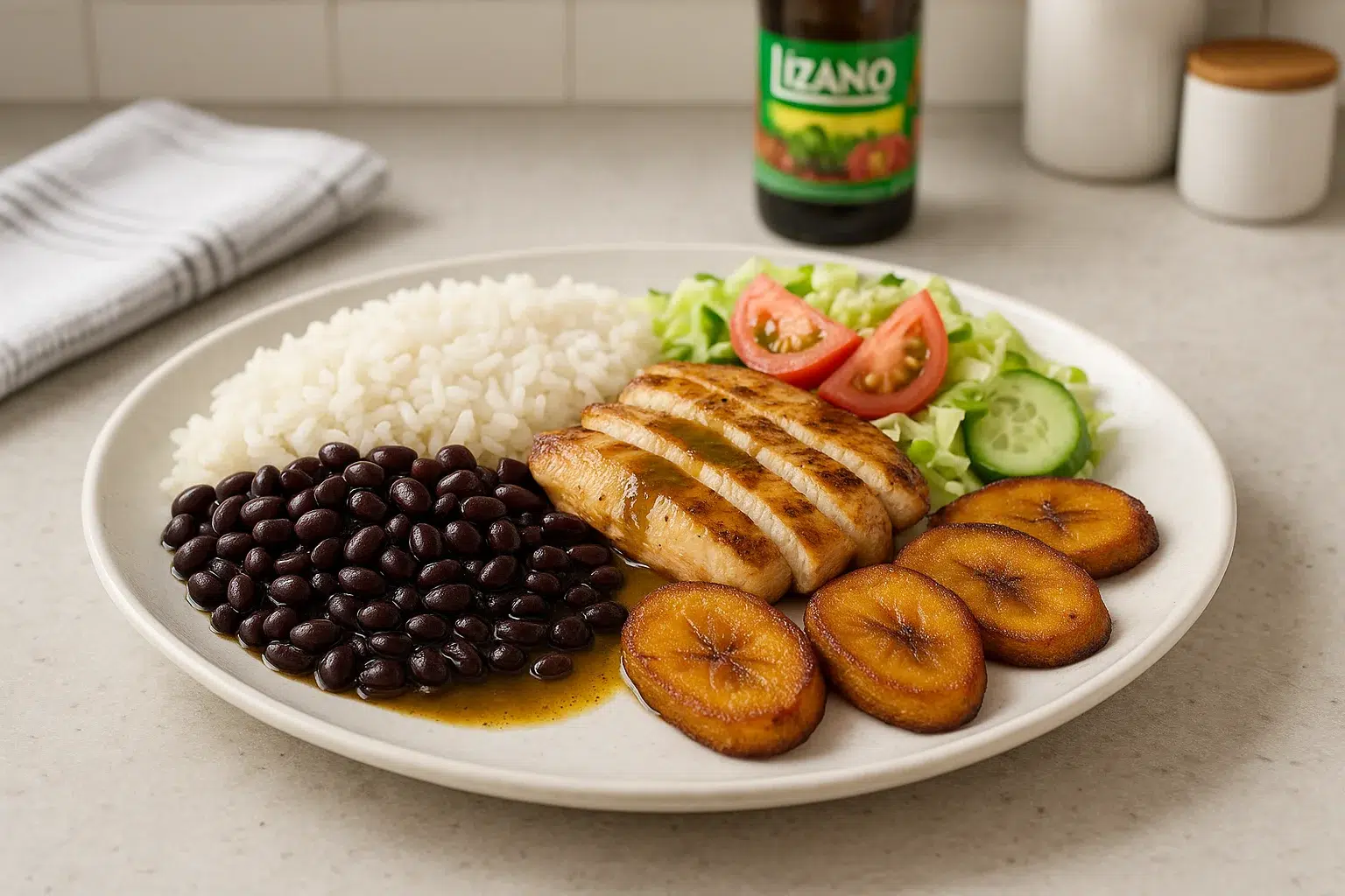 A fully assembled Costa Rican Casado plate with white rice, black beans, grilled chicken slices drizzled with Lizano sauce, fried plantains, and fresh salad with lettuce, tomato, and cucumber, served on a white plate in a bright kitchen setting.