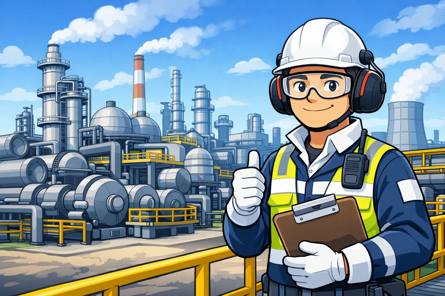 Cartoon illustration of a fertilizer plant operator wearing full PPE and helmet, standing inside a compression station with industrial compressors in the background.