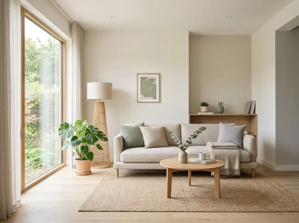 Modern minimalist living room with soft light white, beige, and grey color palette, subtle sage green accents, bright natural lighting, and Scandinavian Japandi style interior design.