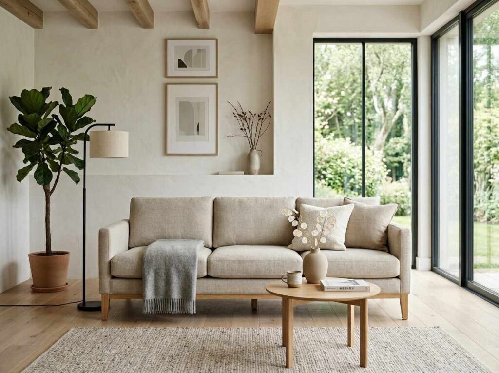 Minimalist modern living room featuring a simple straight-line sofa in beige and light grey tones, soft natural lighting, clean Scandinavian-Japandi interior design, and uncluttered elegant space.