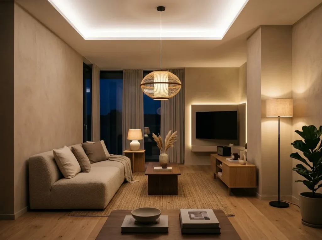 Modern minimalist living room showing layered lighting setup with soft white ceiling light, pendant light, table lamp, LED strip behind TV, and floor lamp in corner, creating a warm and balanced Scandinavian-Japandi interior ambiance.