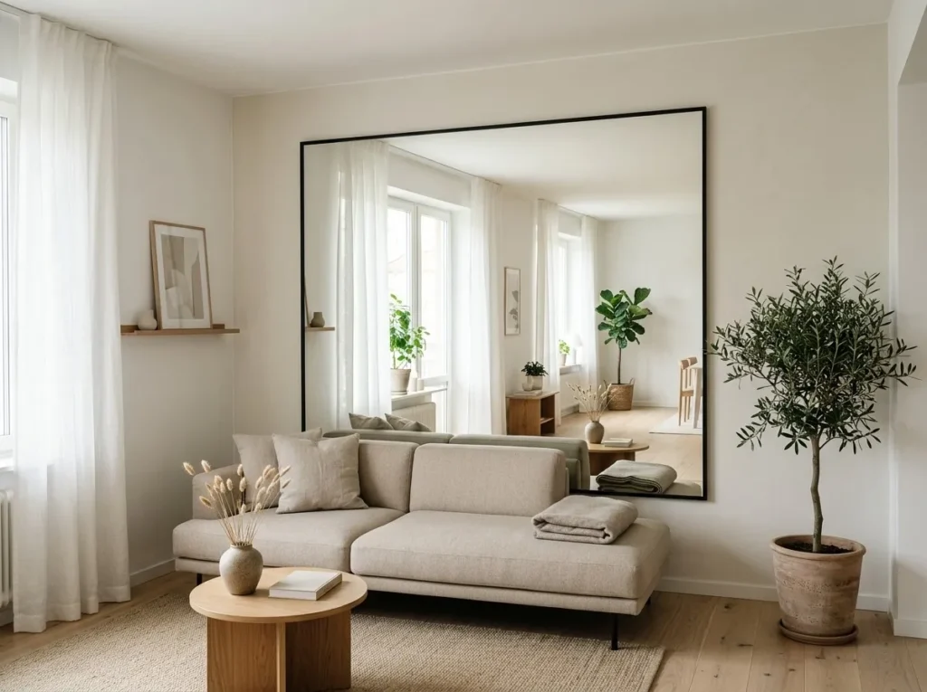 Minimalist living room featuring a large wall mirror reflecting natural light, placed behind the sofa to create a spacious and brighter Scandinavian-Japandi style interior.