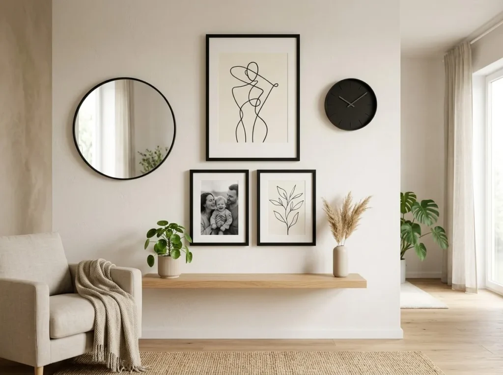 Minimalist living room wall decor featuring a large black frame with smaller matching frames, round mirror, modern wall clock, and floating shelf with a small plant, set against a clean Scandinavian-Japandi style interior.