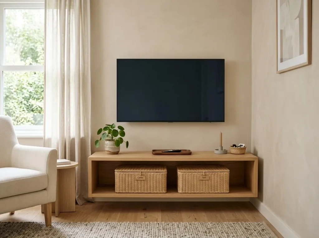 Minimalist living room showing a clean and organized TV unit with hidden wires, minimal decor items, and smart storage baskets in a Scandinavian-Japandi style interior.