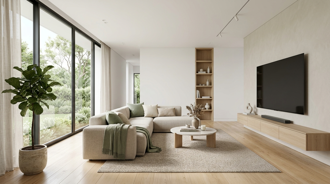 Modern 2026 minimalist living room with neutral beige and white sofa, soft natural lighting, indoor plant, clean Scandinavian-Japandi interior design, and uncluttered spacious layout.