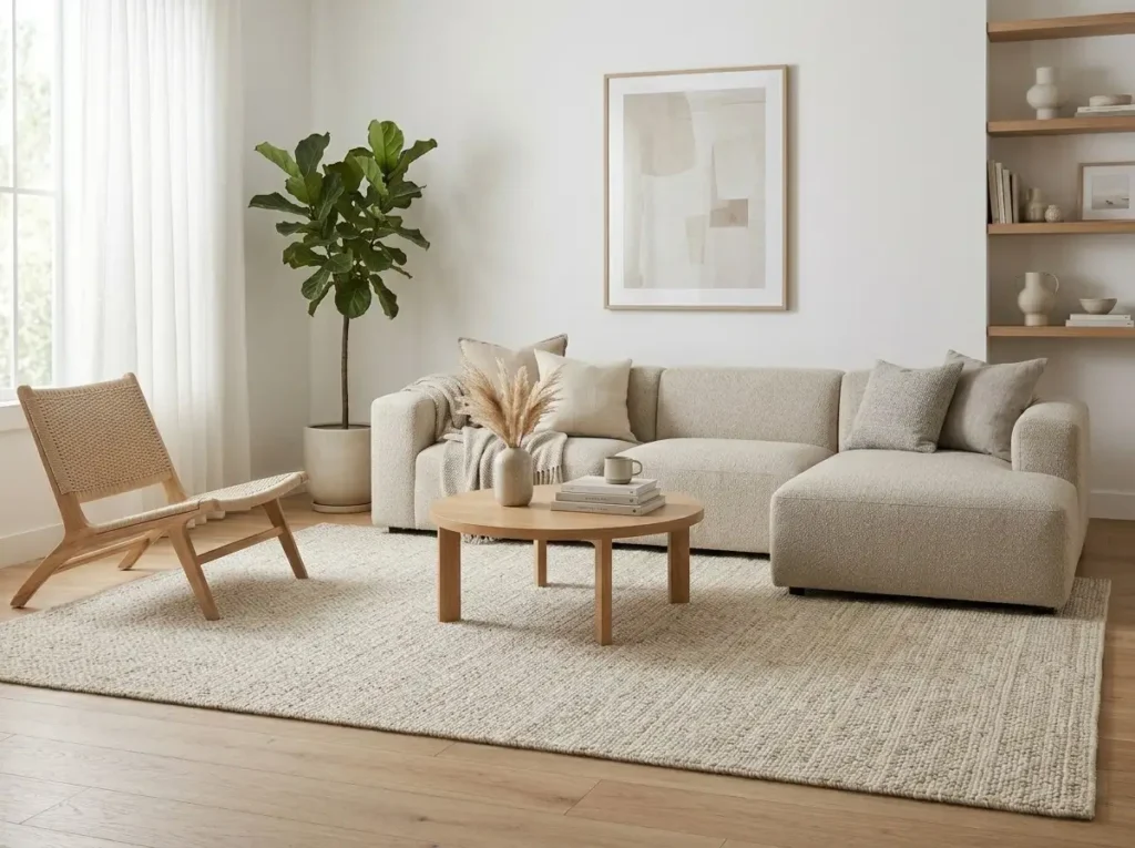 Minimalist living room featuring a large light beige area rug placed under the coffee table, connecting sofa and seating area in a clean Scandinavian-Japandi interior design.