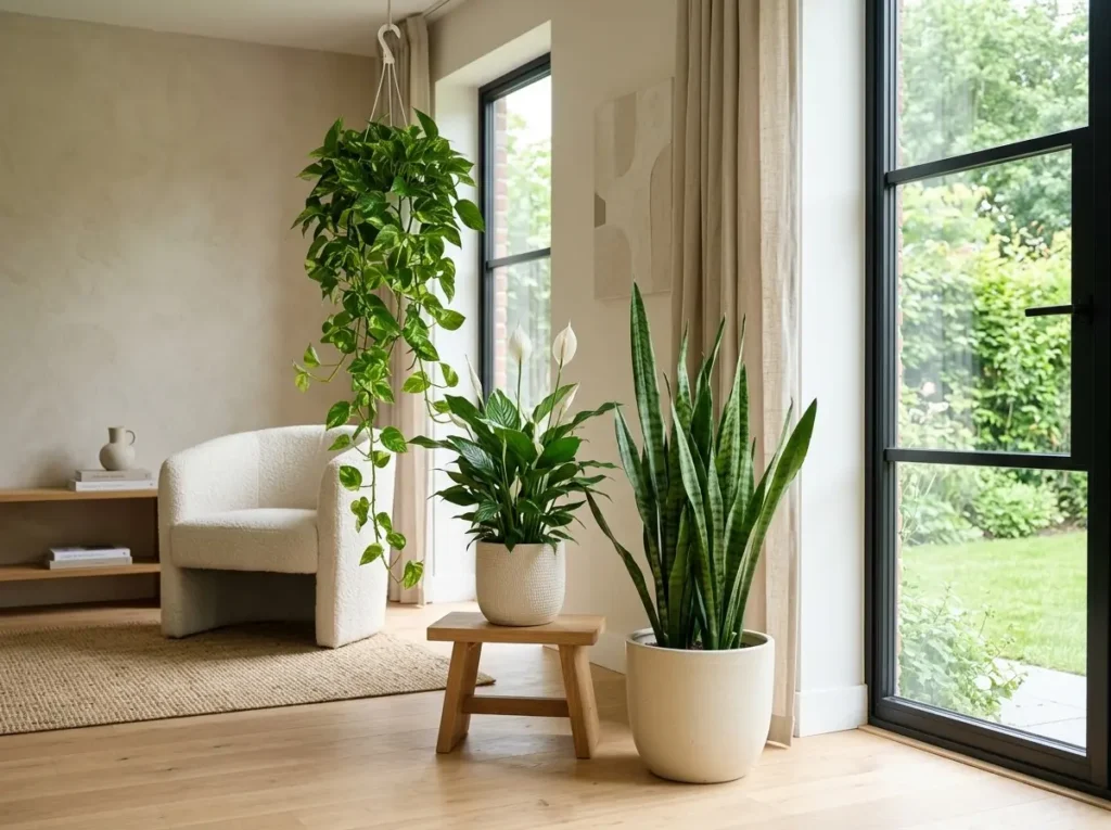 Minimalist living room interior featuring indoor plants including snake plant, pothos, and peace lily in ceramic pots, placed in a clean Scandinavian-Japandi style space with soft natural lighting.